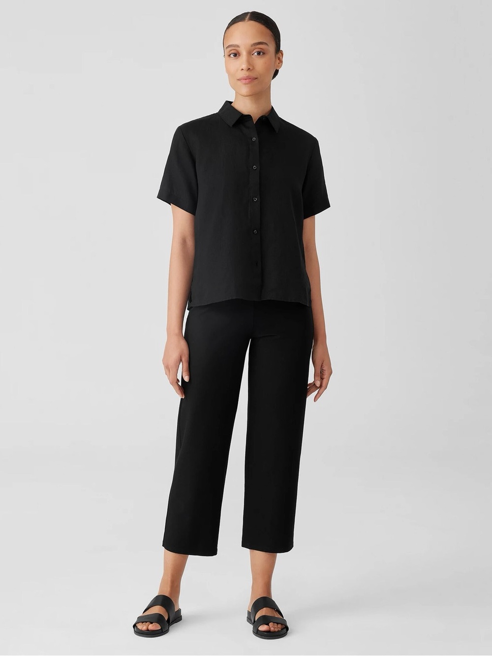 NWT Eileen Fisher Black Crepe Knit Straight Pants w/ Yoke L